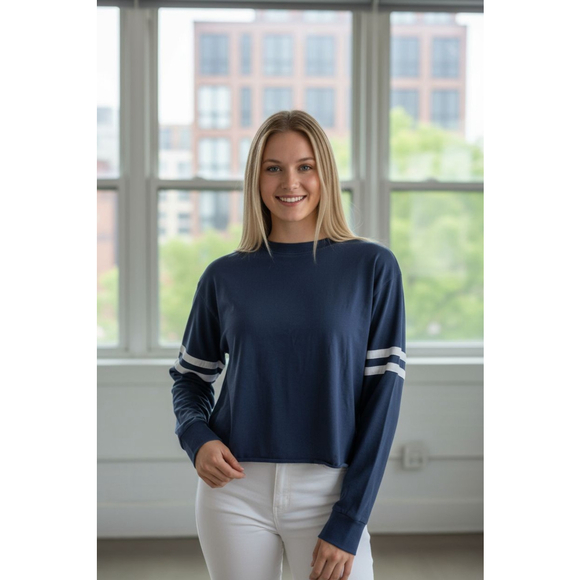 Dark Blue Athletic leisure John Galt Cropped Oversized Casual Long Sleeve Shirt - Picture 1 of 8